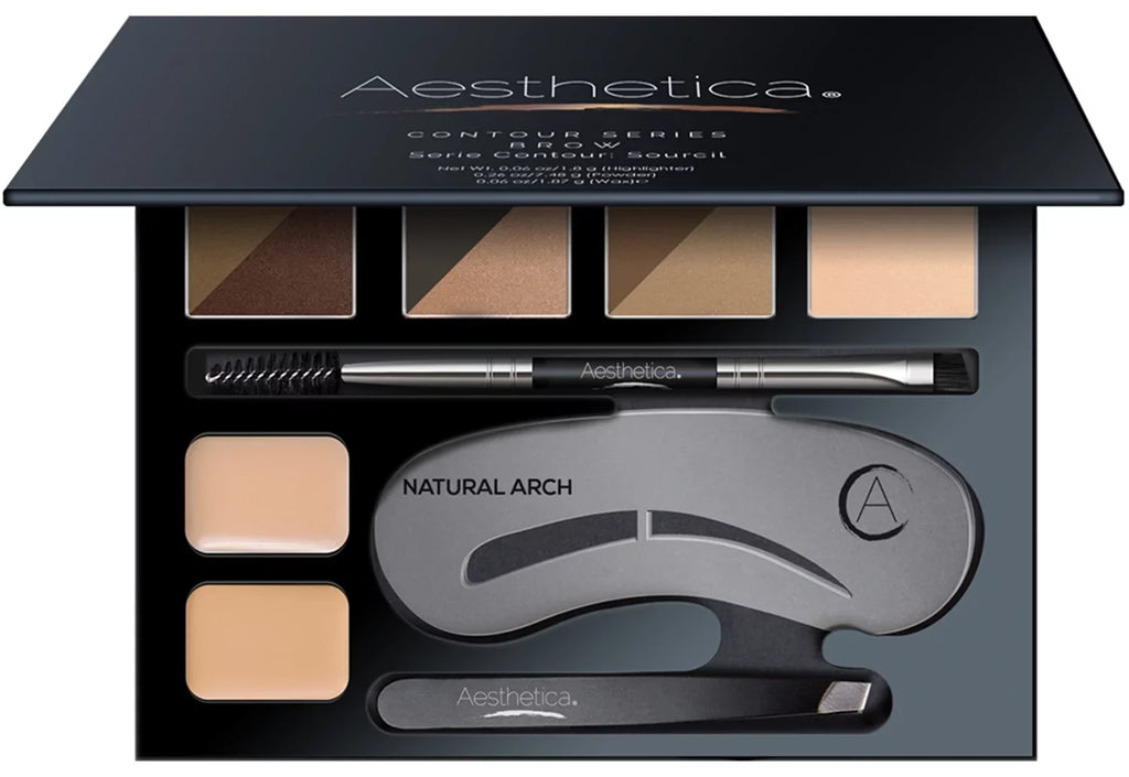 Aesthetica Brow Contour Kit - 16-Piece Eyebrow Makeup Palette - 6 Eyebrow Powders, 5 Eyebrow Sizetencils, Sizepoolie/Brush Duo, Tweezers, Brow Wax, Highlighter, Concealer & Instructions