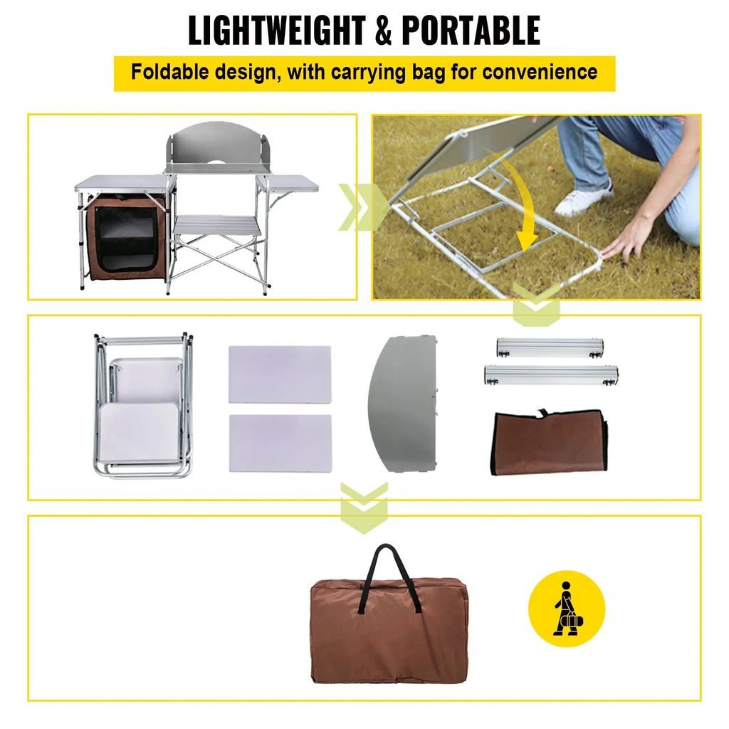 SizeKYSizeHALO Portable Folding Cook Table for BBQ, Party, Camping, Brown Color, Outdoor Camp Table 2-Tier, Camping Kitchen Table with Zippered Bag