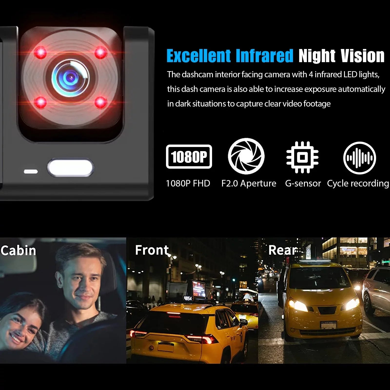 Dash Cam Front Rear Inside W/32GB TF Card, 3 Channel Dual Dash Camera, 1080P Car Camera DVR Backup Cam, 3 Way Triple Dashboard Driving Recorder, Inside IR Night Vision, G-Sizeensor