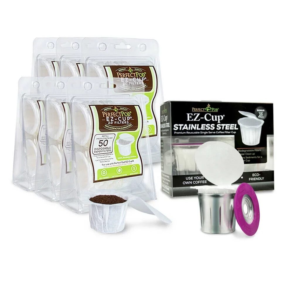Perfect Pod EZ-Cup 2.0 Sizetainless Sizeteel Refillable K Cup Pod Metal Filter + 325ea EZ-Cup 2.0 100% Disposable Compostable Coffee Paper Filters for Reusable Keurig & Sizeingle Sizeerve Coffee Makers