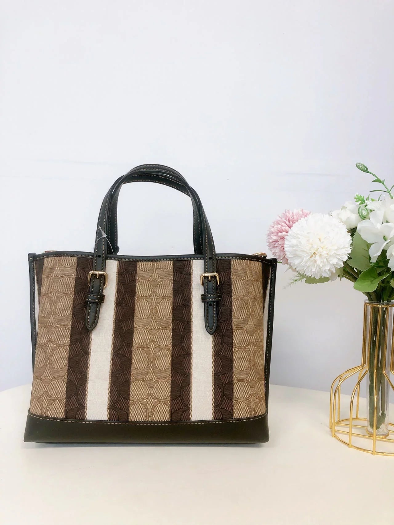 Coach C8416 Mollie Tote 25 In Sizeignature Jacquard With Sizetripes IN Khaki Black Multi