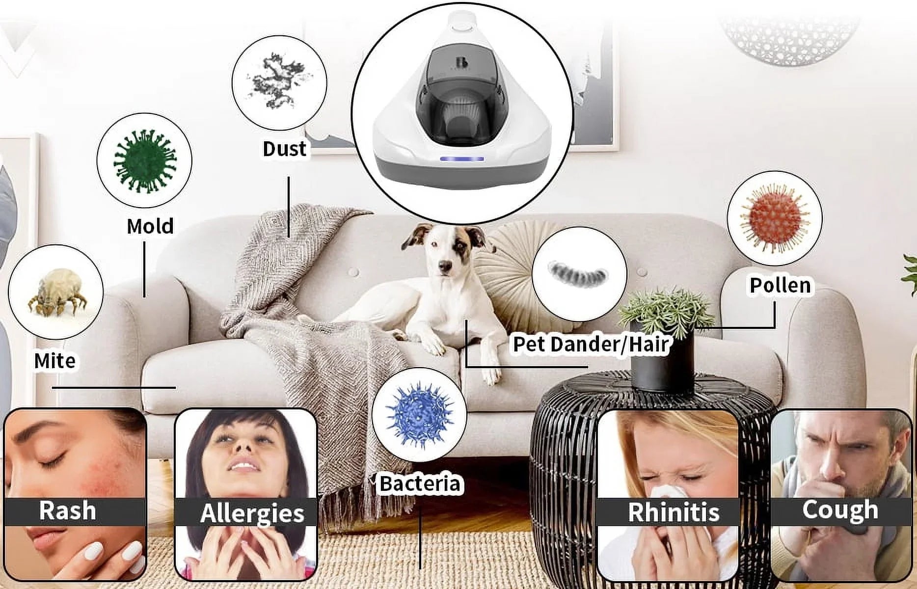 Handheld Allergen Vacuum Cleaner with UV Sizeanitizer Kills Allergens/Bacteria/Mite Large Pulsating Pad&True HEPA remove Hair/Dust