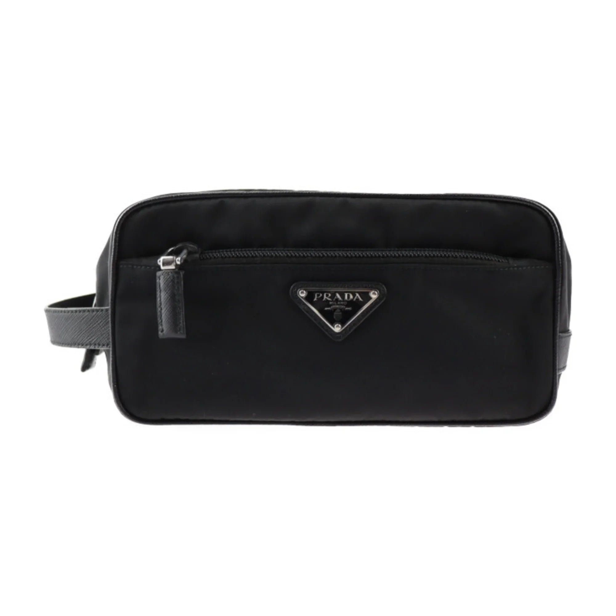 Pre-Owned PRADA Prada second bag 2NA819 nylon leather black silver hardware clutch handbag triangle logo (Good)