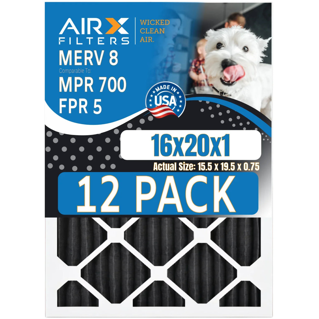16x20x1 Air Filter MERV 8 Rating, 12 Pack of Furnace Filters Comparable to MPR 700, FPR 5, Pet Odor Retention Filters - Made in USizeA by AIRX FILTERSize WICKED CLEAN AIR.