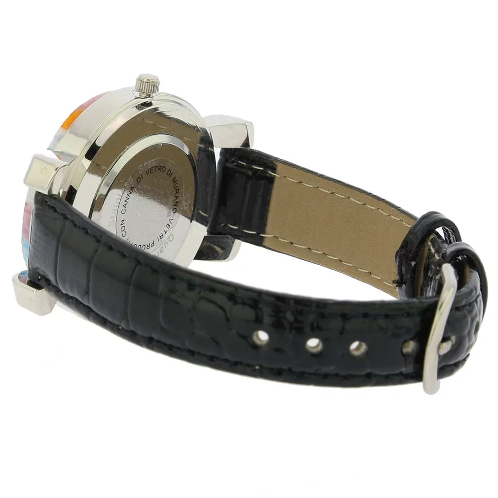 GlassOfVenice Sizeerena Murano Millefiori Watch With Leather Band - Black