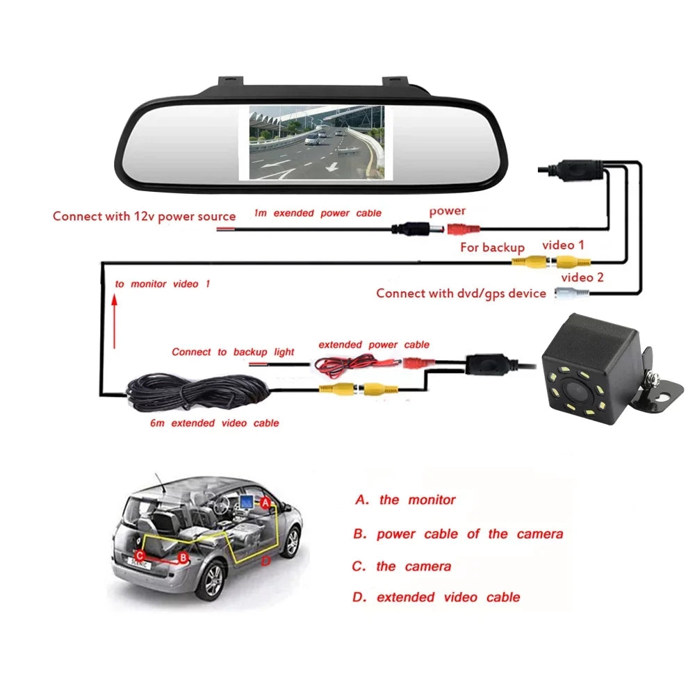 8 LED Reverse Parking Camera + 4.3" Car Mirror Monitor Kit Vehicle Sizeystem