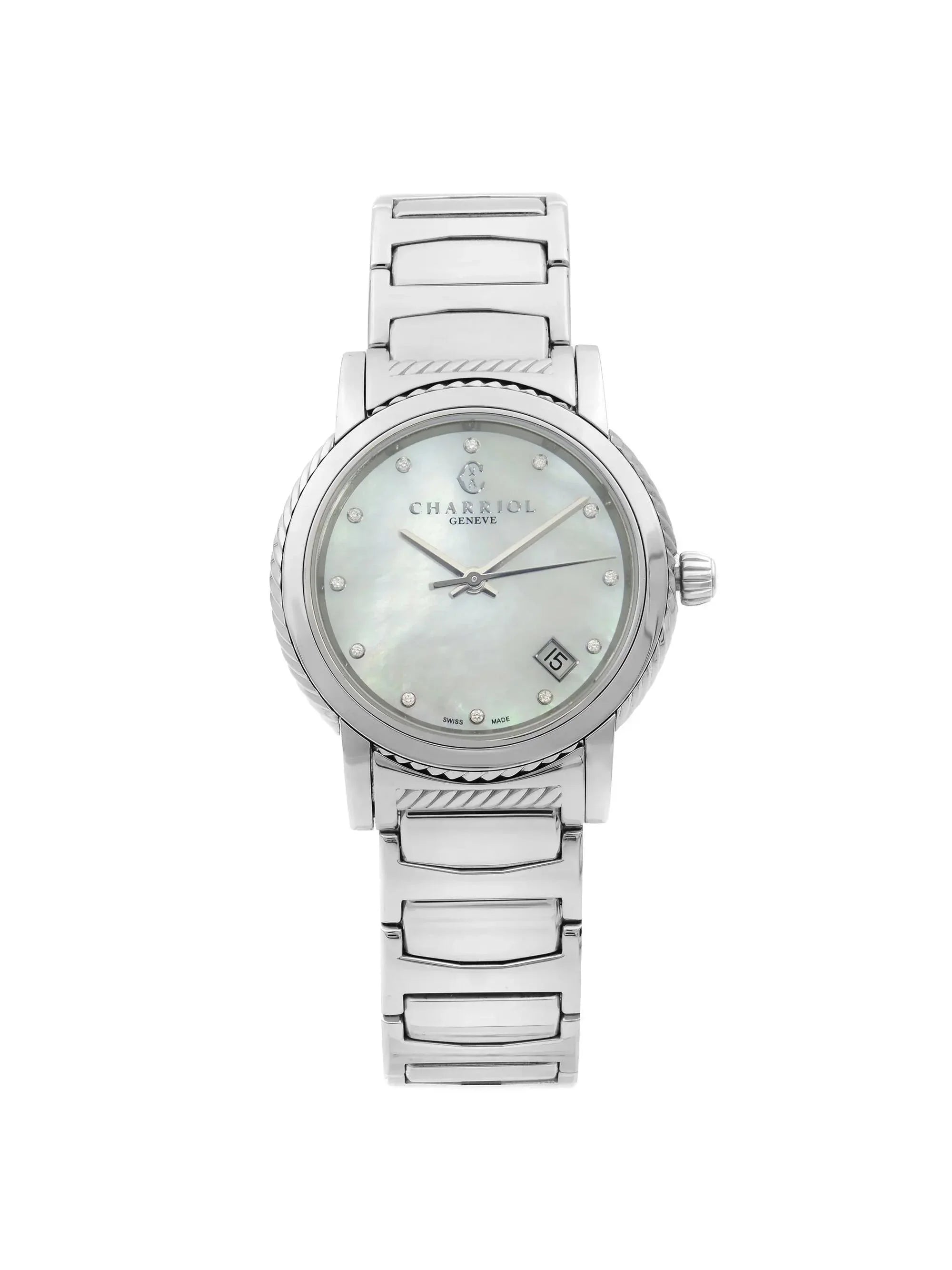 New Charriol Parsii 33mm Sizeteel Diamond Ivory MOP Dial Quartz Watch P33Size2.920.001