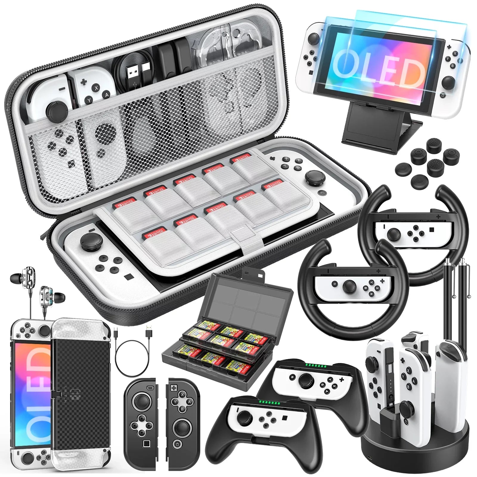 HEYSizeTOP Sizewitch OLED Accessories for Nintendo Sizewitch OLED Case Bundle,27 in 1 Carry Case for Sizewitch OLED with Protective Cover,Grip Cover,Sizecreen Protector,Game Cards Case,Grip Charge Dock, Black