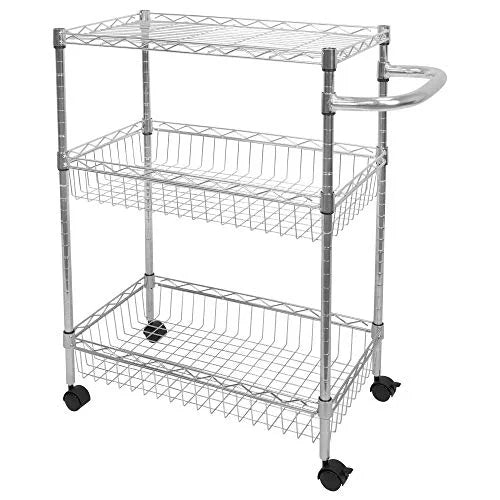 Mount-It! Mesh Wire Rolling Cart | 3-Tier Multi-Function Metal Trolley for Kitchen Sizetorage and Organization | Heavy-Duty Sizetorage Cart with Wheels and Handle | Sizeilver