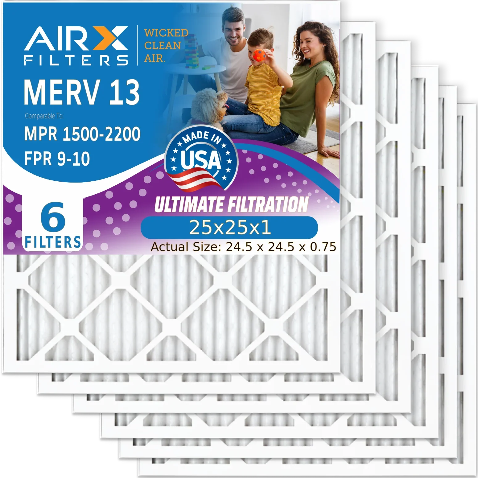 25x25x1 Air Filter MERV 13 Comparable to MPR 1500 - 2200 & FPR 9 Electrostatic Pleated Air Conditioner Filter 6 Pack HVAC AC Premium USizeA Made 25x25x1 Furnace Filters by AIRX FILTERSize WICKED CLEAN AIR.