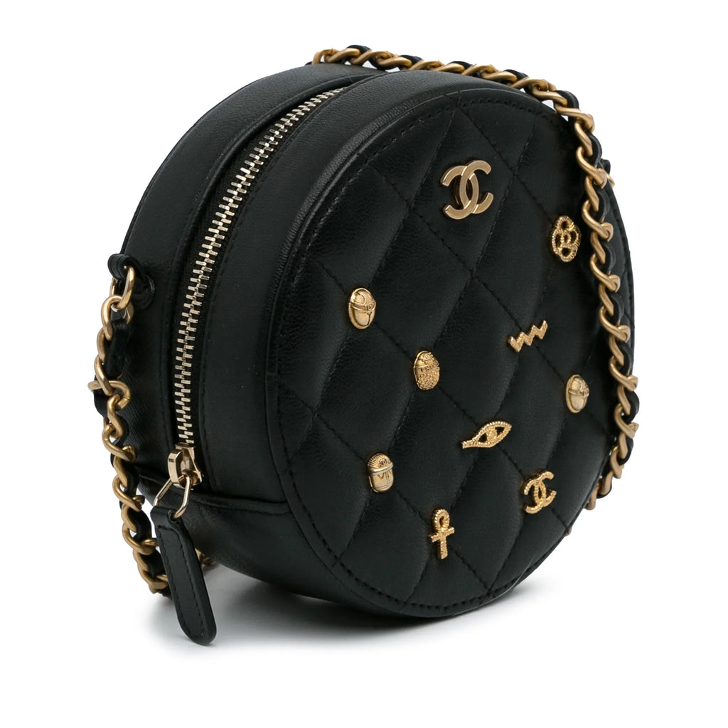 Pre-Owned Authenticated Chanel Lucky Charms Round Crossbody Bag Lambskin Leather Black Unisex (Good)