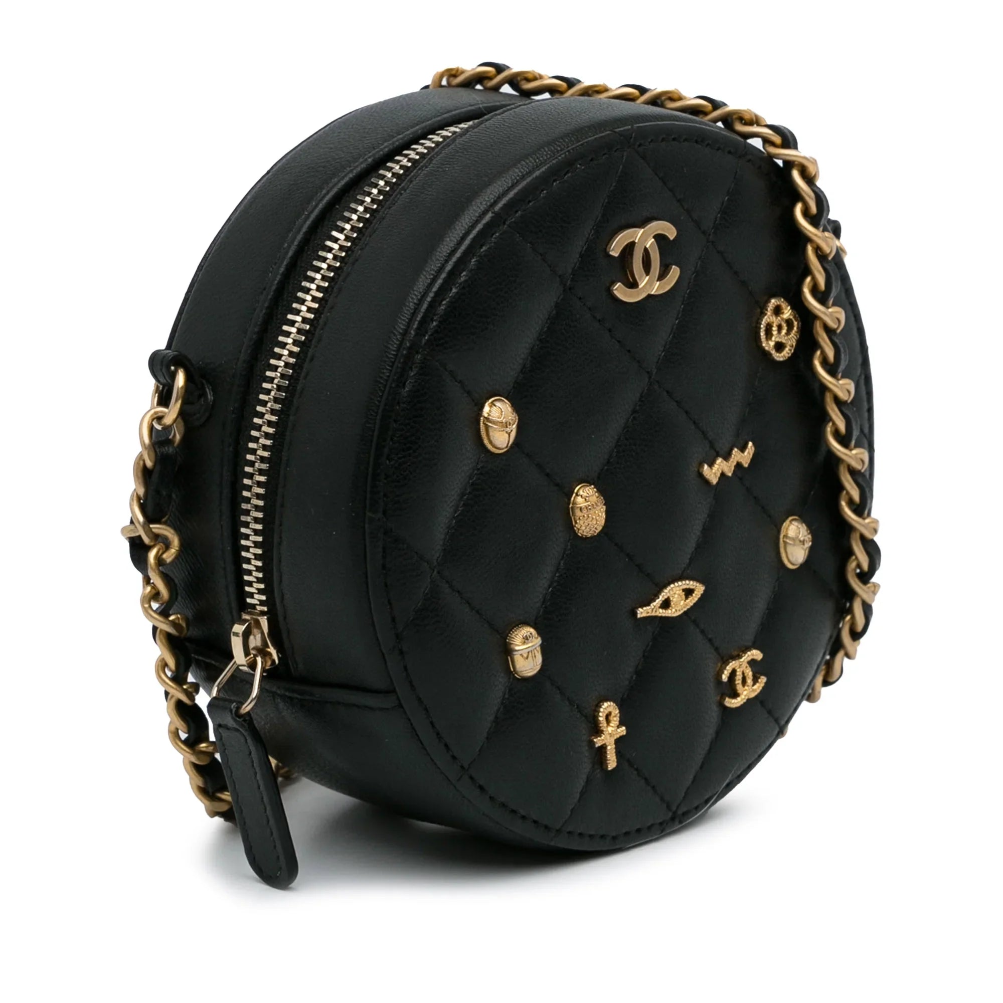 Pre-Owned Authenticated Chanel Lucky Charms Round Crossbody Bag Lambskin Leather Black Unisex (Good)