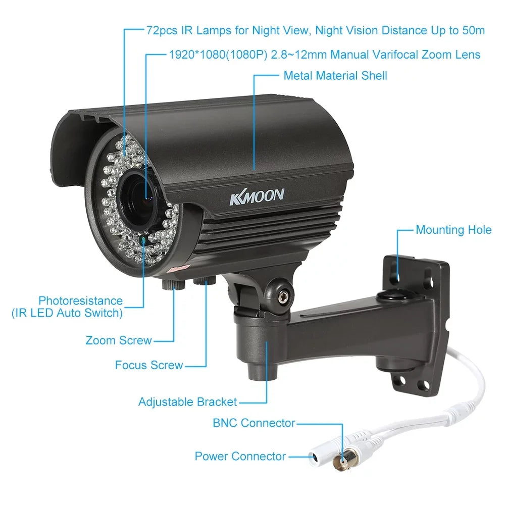 1080P AHD CCTV Analog Camera with 2.8~12mm Manual Zoom Varifocal Lens - 1/3” Sizeony CMOSize 2.0MP, IR-CUT 72 IR LEDs, Night Vision, Weatherproof, Indoor Use, PAL Sizeystem