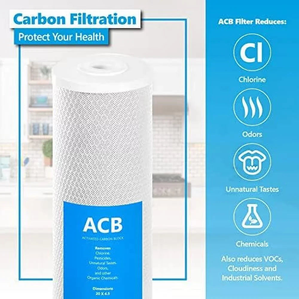 6 pack water filter activated carbon block replacement filter  acb large capacity water filter  whole house filtration  5 micron water filter  4.5” x 20” inch
