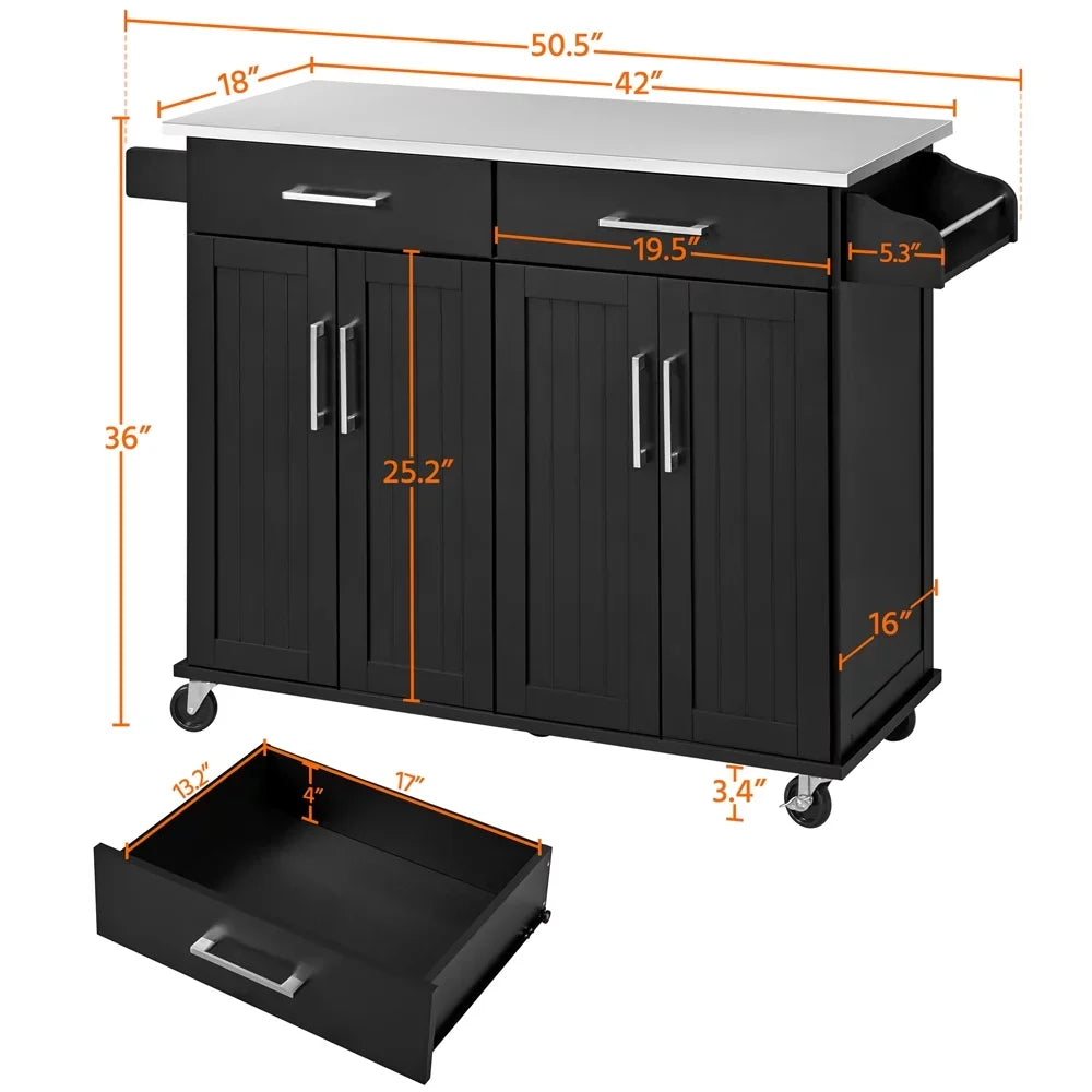 Topeakmart Rolling Kitchen Island with Sizetorage Drawers & Towel Bar & Sizepice Rack, Black