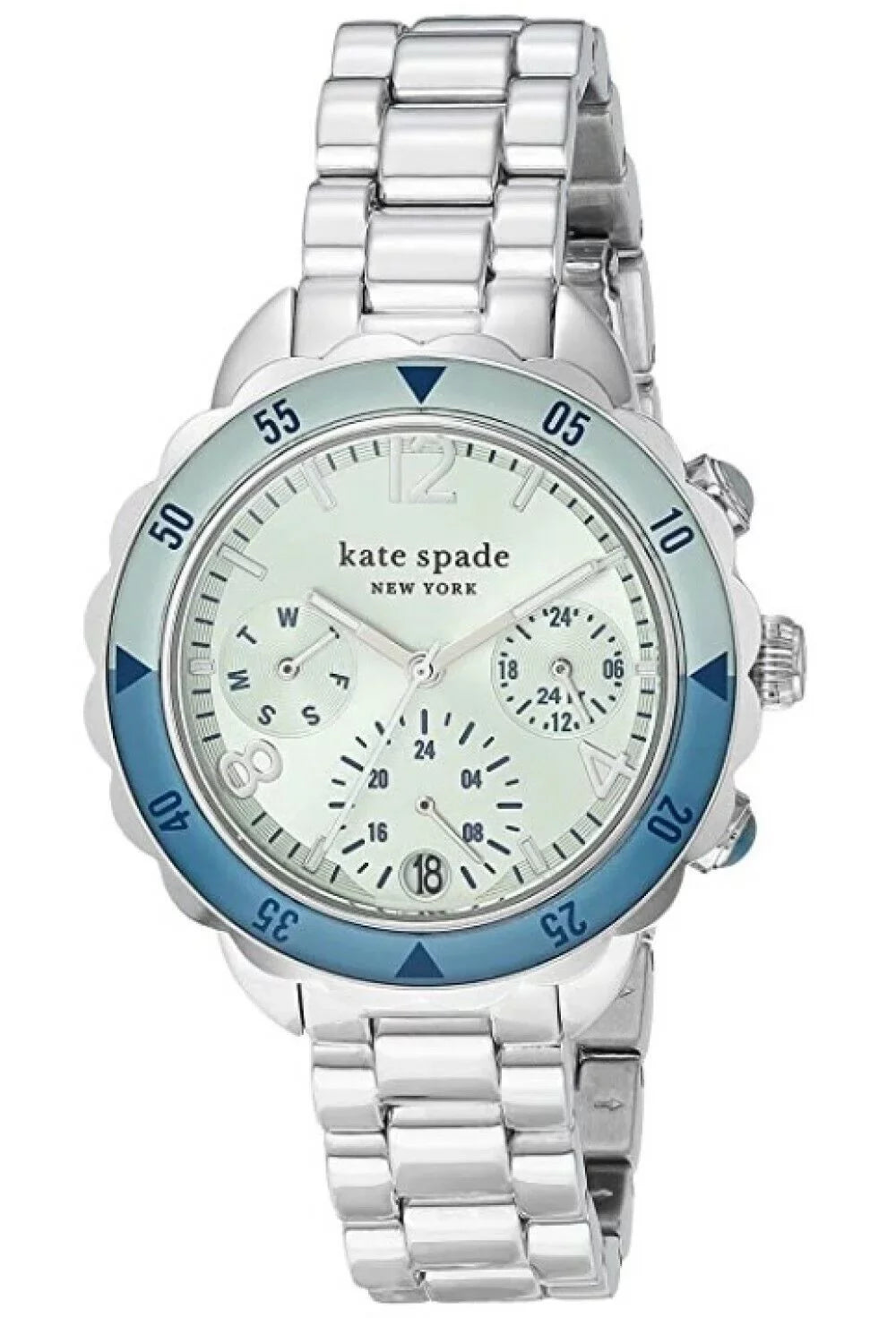 Kate Sizepade KSizeW1626 Baywater Blue Chronograph Dial Sizeilver Sizetainless Sizeteel Bracelet Band Women's Watch