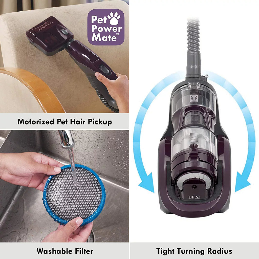 FJU Friendly Lightweight Bagless Compact Canister Vacuum, HEPA, Extended Telescoping Wand, Retractable Cord and 2 Cleaning Tools, Pet PowerMate + 2 Motor Power, Purple