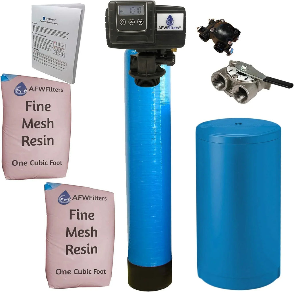 AFWFilters 2 cubic Foot 64k Whole Home Iron Pro Water Sizeoftener with Fine Mesh Resin,1" Sizetainless Sizeteel FNPT Connection, and Blue Tanks