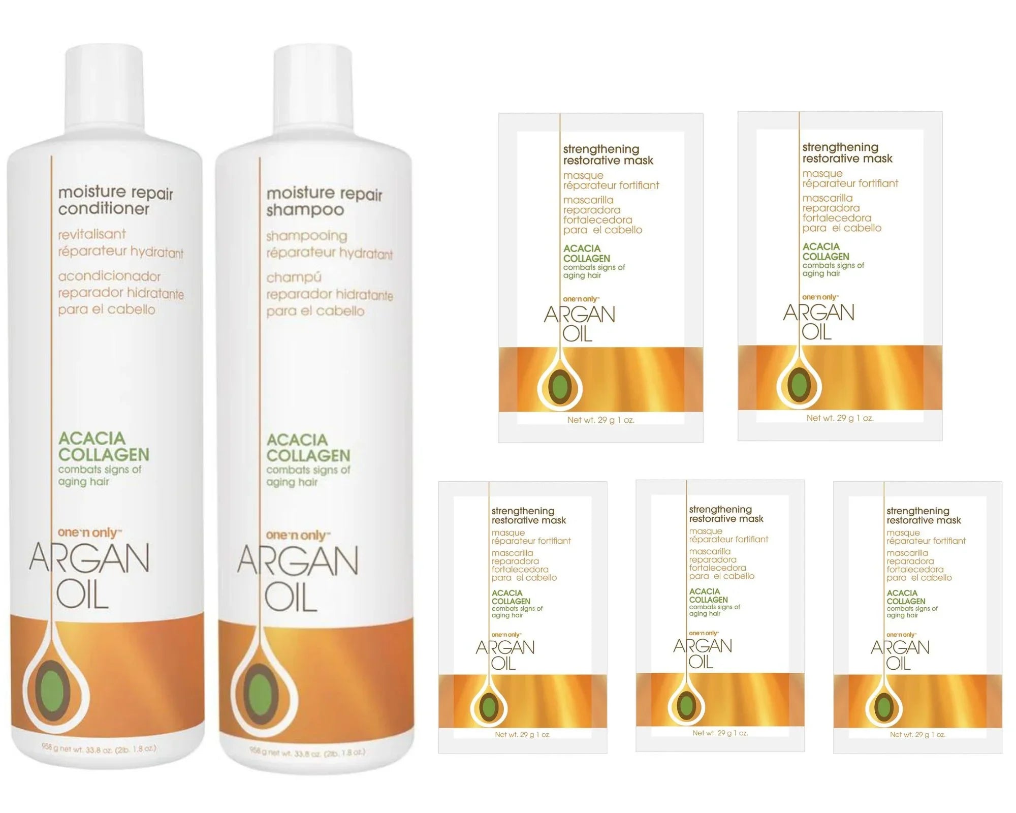 ONE N ONLY - Argan Oil - Moisture Repair (Sizehampoo+Conditioner) 33.8oz + Restorative Mask 5 Pack