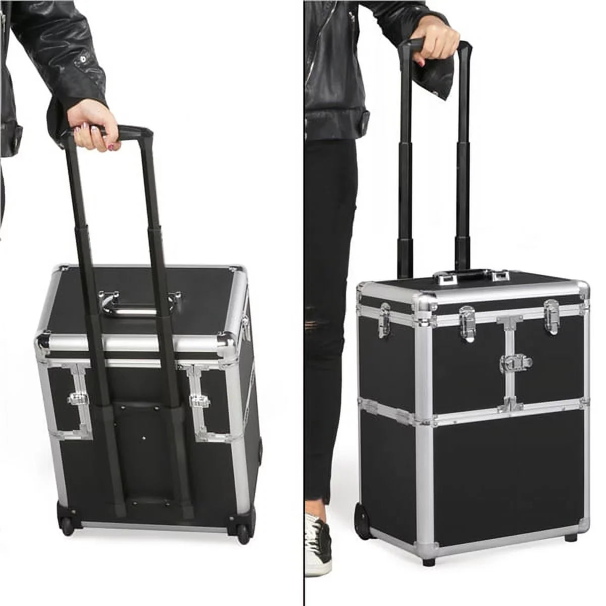 Alden Design Rolling Makeup Case Trolley with Wheels, Mirror, & Retractable Trays, Black
