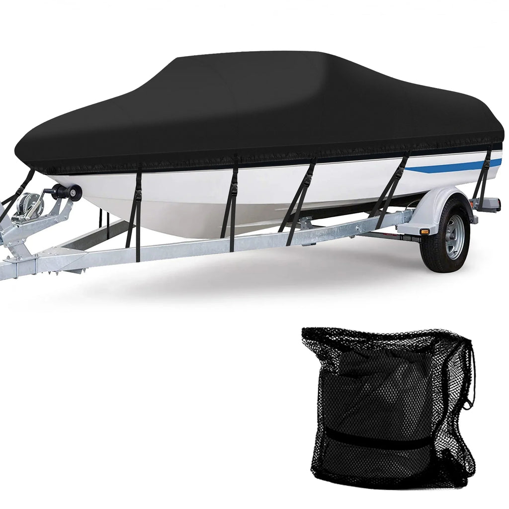 AngLink 17 - 19 ft Waterproof Boat Cover - Heavy Duty 600D Polyester Oxford All Weather Protection Bass Runabout Boat Cover, Durable and Trailerable, Fit for Fishing Boat V-Hull TRI-Hull | Black