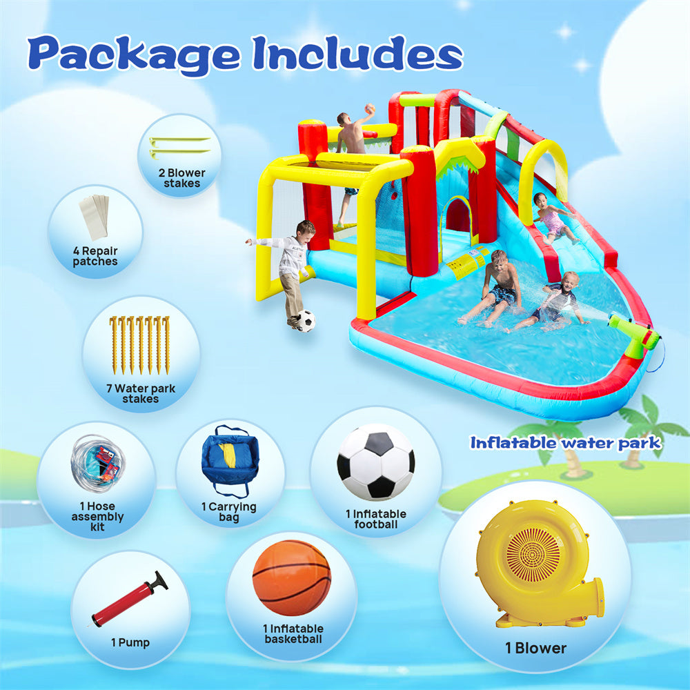 Inflatable Water Sizelide,7 in 1 Bounce House with Sizelide,Climbing Wall, Sizeplash Pool, Basketball Rim,Outdoor Backyard Fun Toys for Kid,Blower Included