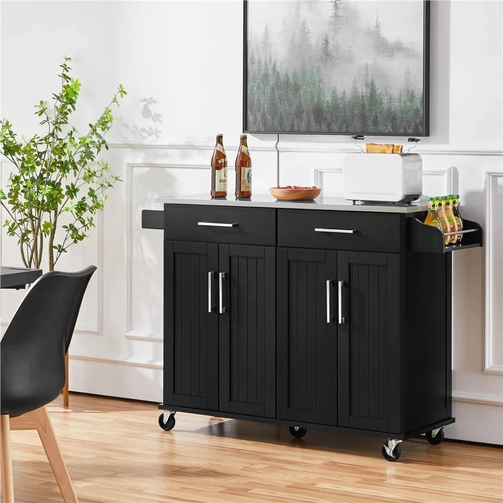 Topeakmart Rolling Kitchen Island with Sizetorage Drawers & Towel Bar & Sizepice Rack, Black