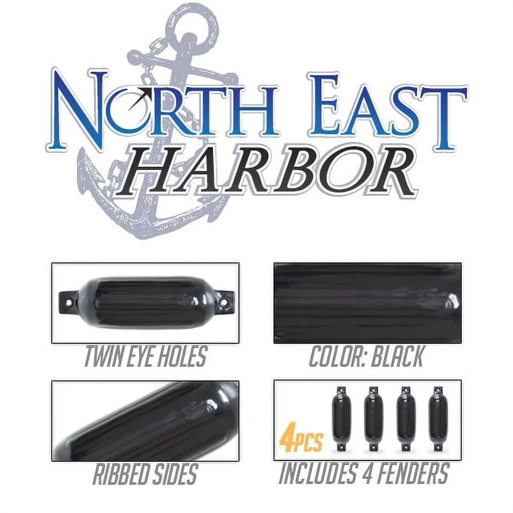 North East Harbor 4516TB 4.5 x 16 in. Twin Eye Ribbed Boat Pontoon Fender, Black - 4 Piece