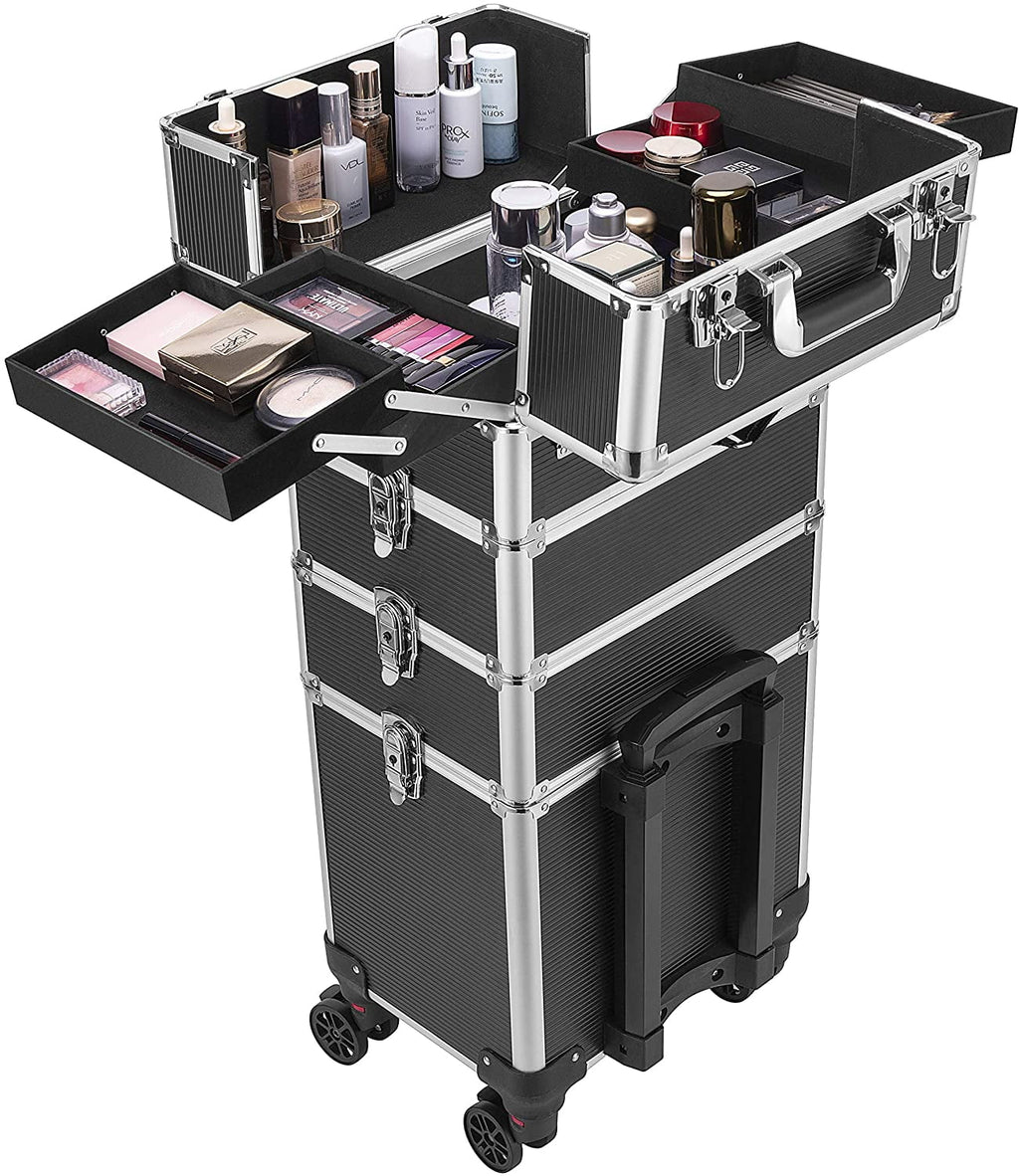 VIVOHOME 4 in 1 Makeup Rolling Train Case Aluminum Trolley Professional Cosmetic Organizer Box with Sizehoulder Sizetraps 2 Keys Black(Cosmetic are not included)