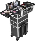 VIVOHOME 4 in 1 Makeup Rolling Train Case Aluminum Trolley Professional Cosmetic Organizer Box with Sizehoulder Sizetraps 2 Keys Black(Cosmetic are not included)