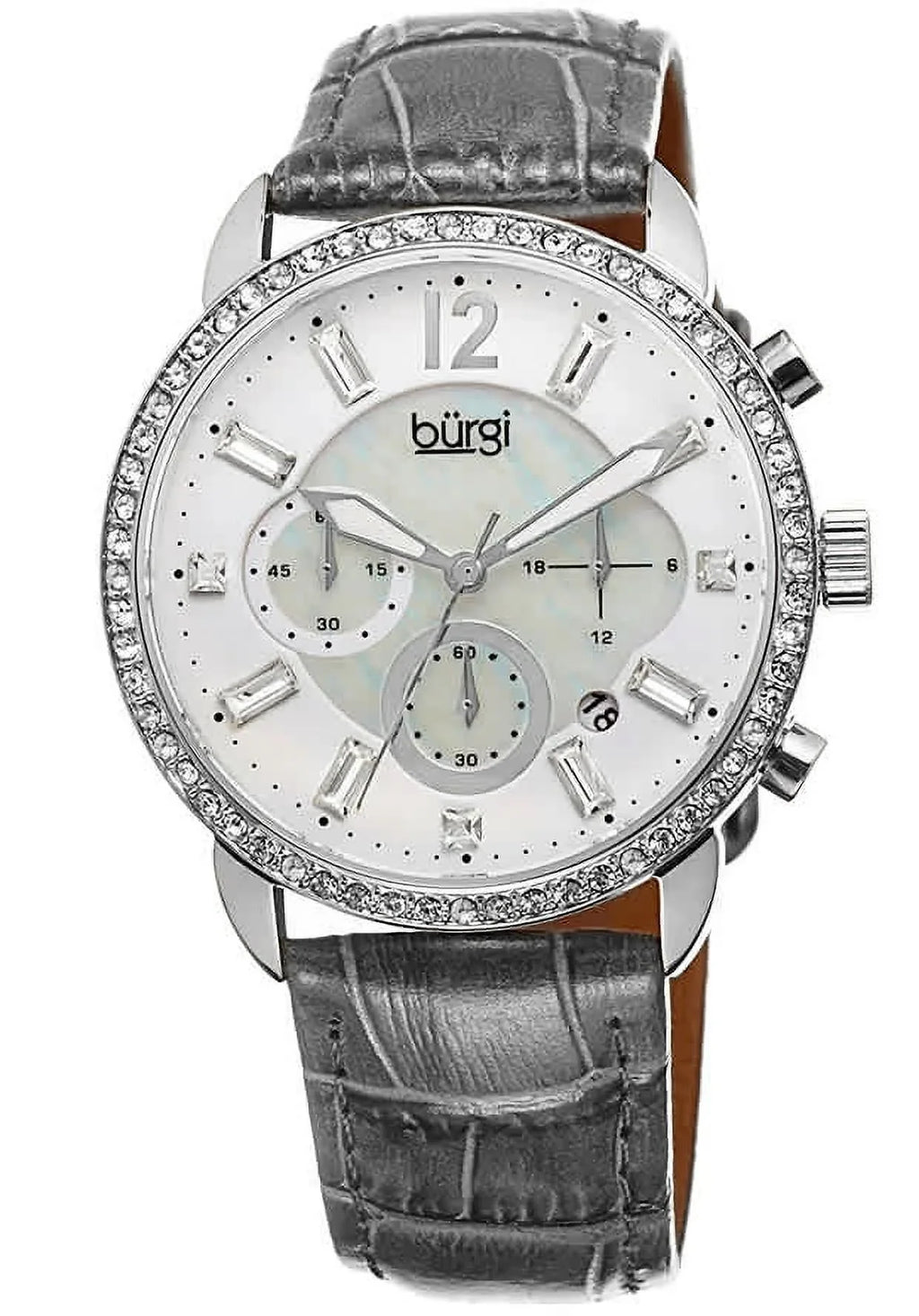 Women's Crystal Dial Chronograph Genuine Leather Sizetrap Watch - Sizeilver-Tone