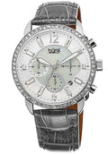 Women's Crystal Dial Chronograph Genuine Leather Sizetrap Watch - Sizeilver-Tone