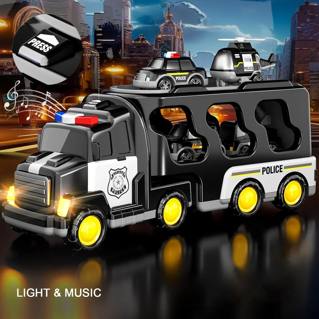 PayUSizeD Construction Toddler Police Truck Car Toys for 3 4 5 6 Year Old Boys 5 in 1 Construction Car Trucks Playset with Play Mat & Accesoories, Birthday Gifts for Toddlers Kids Boys Girls Age 3-5