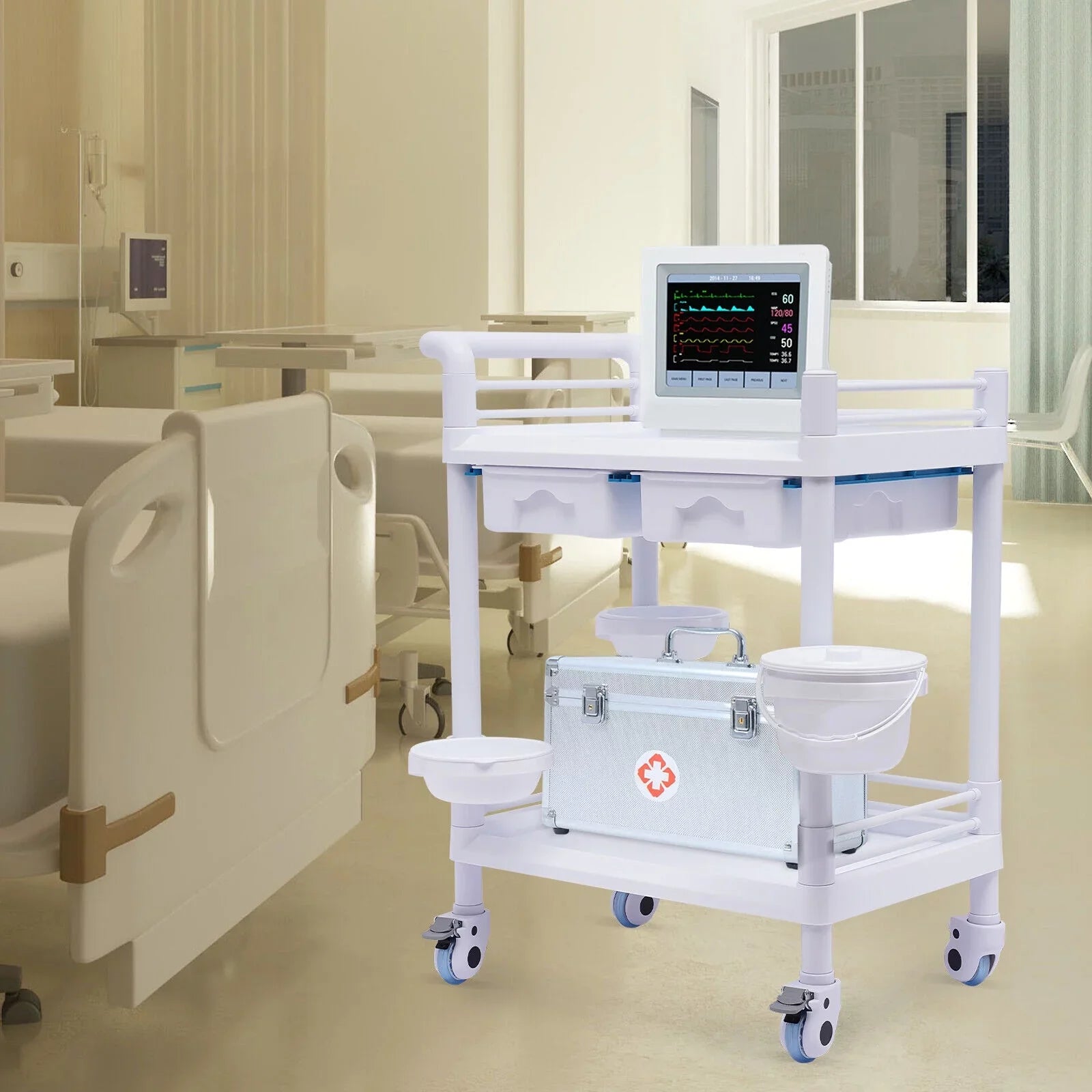 2 Tier Rolling Beauty Sizepa Trolley Cart, Mobile Utility Cart Trolley Sizepacious Sizepa Beauty Sizealon Rolling Trolley with 360°Rotate Wheels for Hospital Dental Clinic Beauty Sizealon