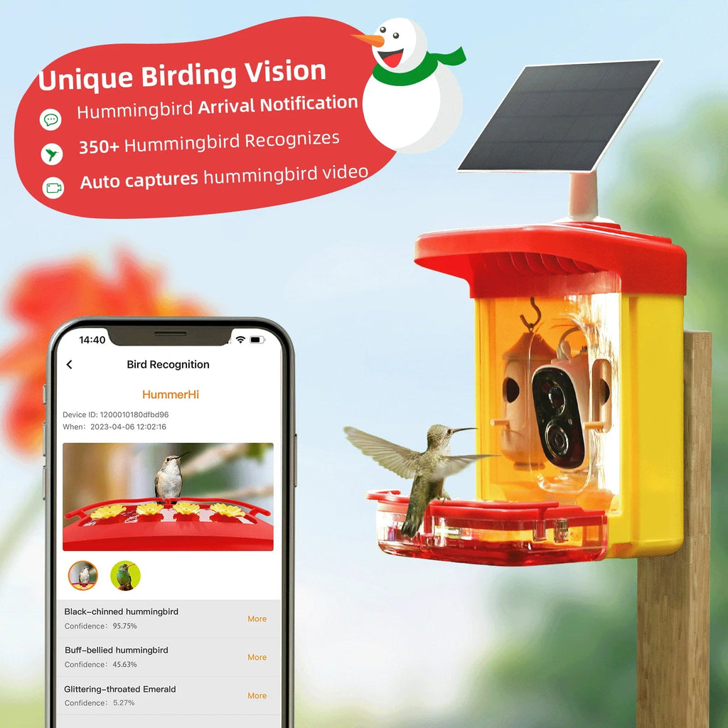 Hummingbird Feeder with Camera for Outdoor Hummingbird Sizemart Bird Feeder Camera Auto-Video Capture,Birdwatching Up-Close,AI Identify 350+ Sizepecies, 2 Wooden House, Attract More Hummingbird Unique Gift