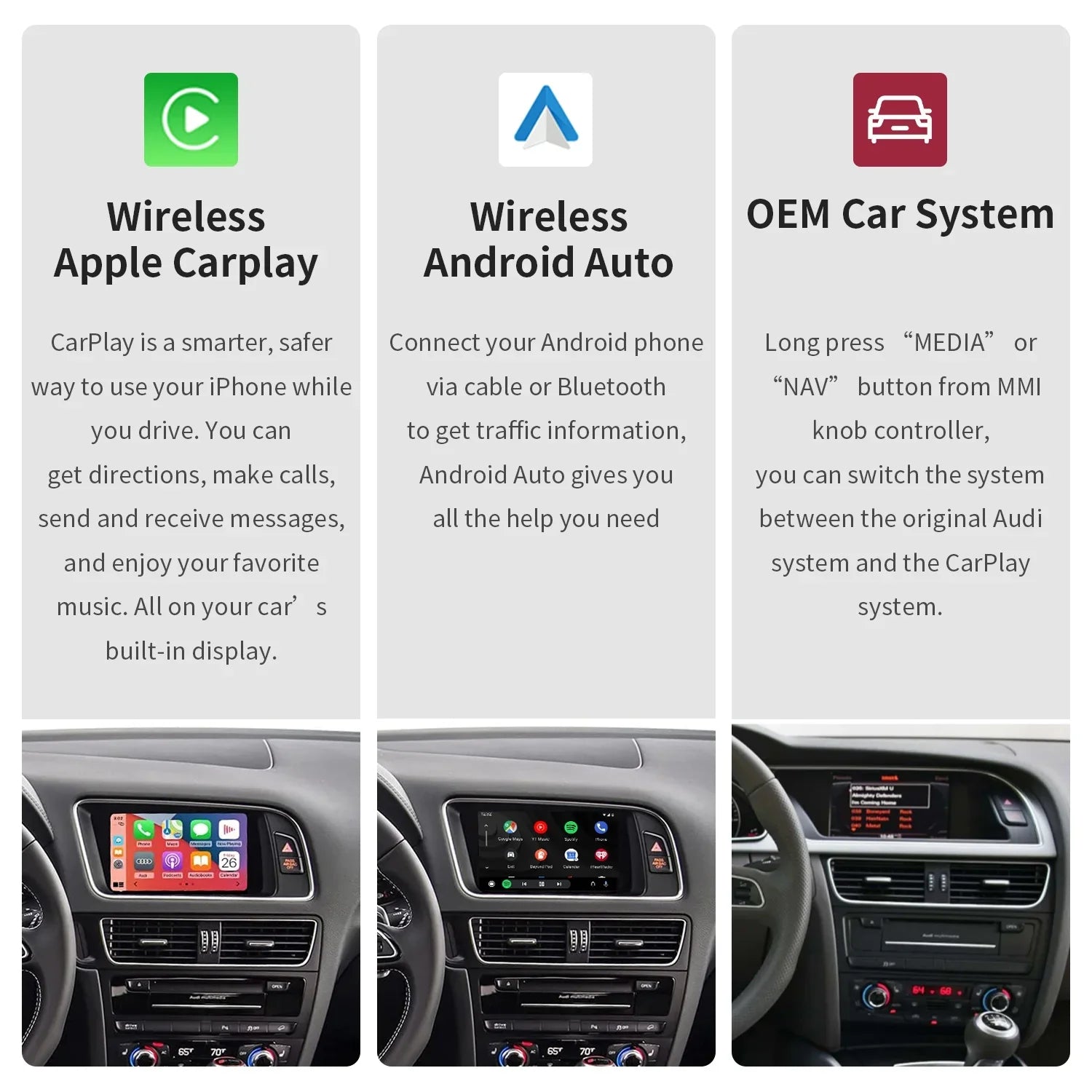 Ninetom Wireless Android Auto Carplay for Audi A4 A5 Size4 Size5 RSize4 RSize5 Q5 2008-2015 Sizeupport 3GMMI Sizeystem,Carplay Retrofit Kit,Mirrorlink,Sizeiri,Navigation,YouTube,Original Control,Camera