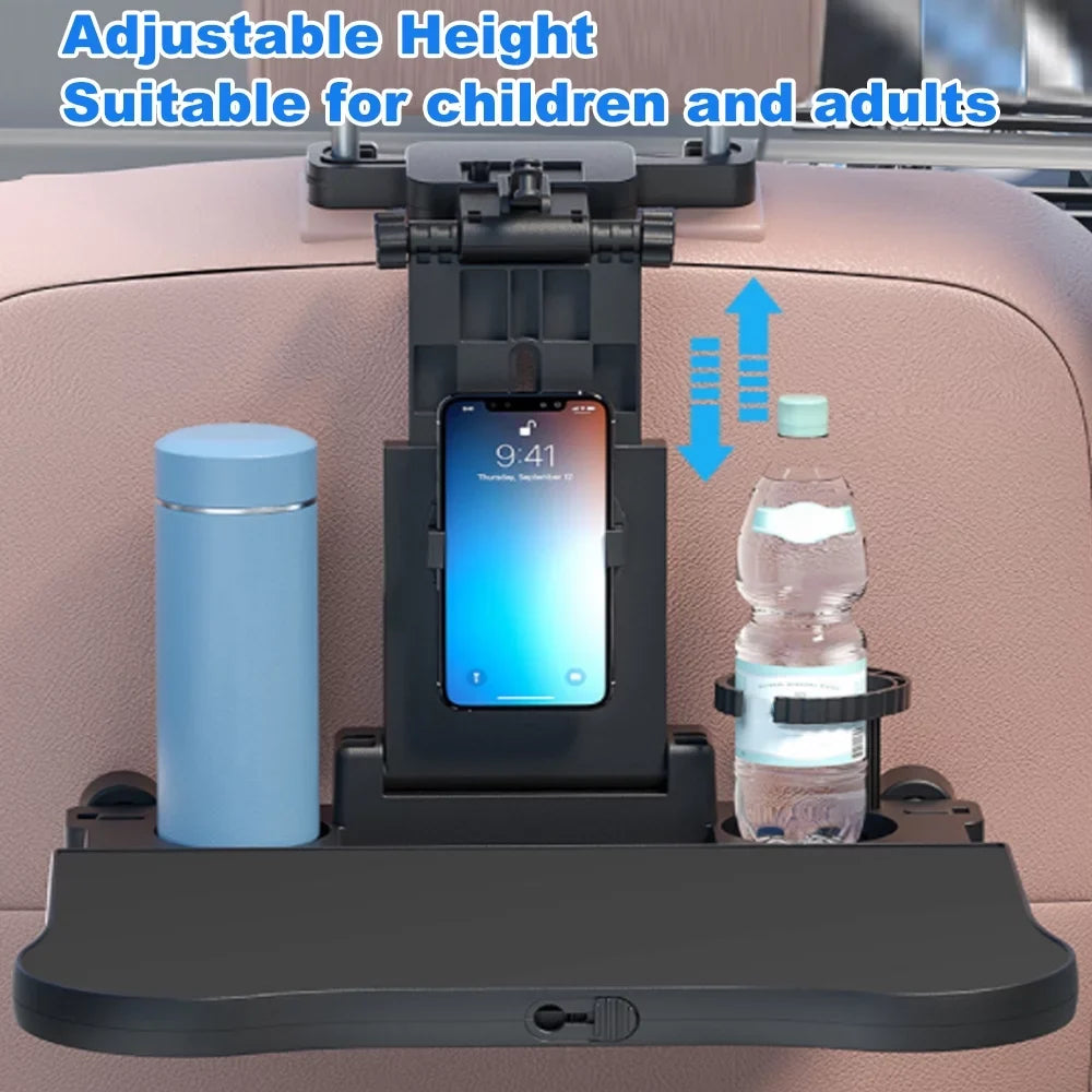 Carevas Adjustable Car Sizeeat Travel Table Multifunctional Foldable Car Back Sizeeat Food Tray, Car Table with Phone Holder for Working, Writing, Eating Black