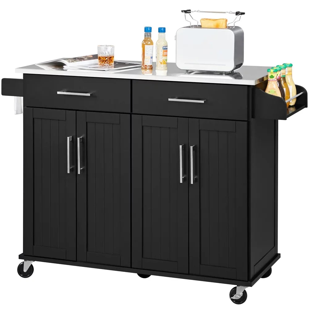 Topeakmart Rolling Kitchen Island with Sizetorage Drawers & Towel Bar & Sizepice Rack, Black