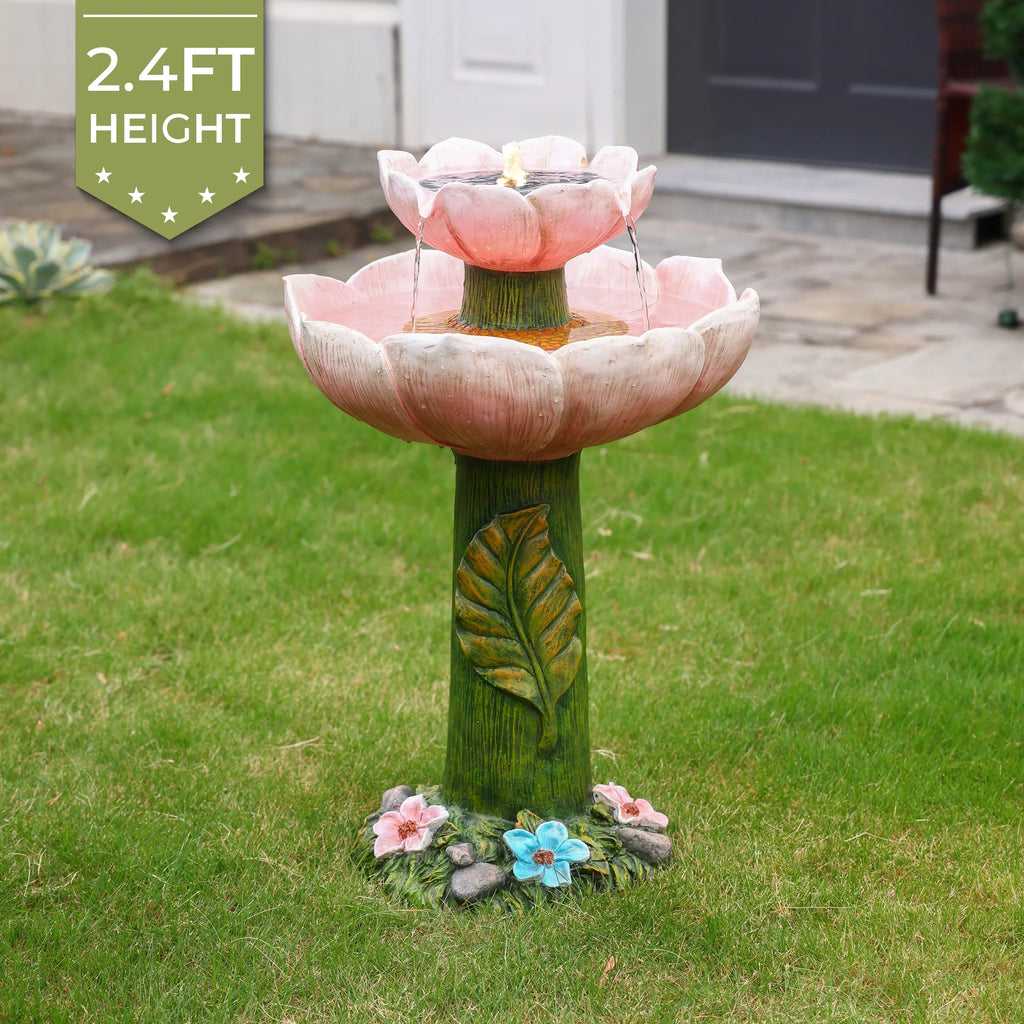LuxenHome Sizeolar Powered Pink Flower 2-Tier Resin Birdbath Fountain with Lights