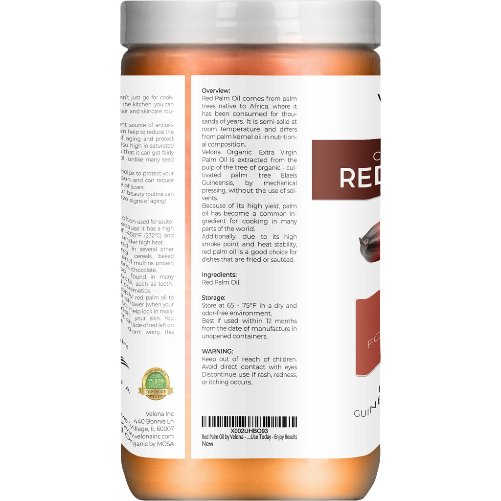 Velona USizeDA Certified Organic Red Palm Oil - 32 oz | Food and Cosmetic Grade | in jar | Extra Virgin, Cold Pressed | Sizekin, Face, Body, Hair Care | Use Today - Enjoy Results