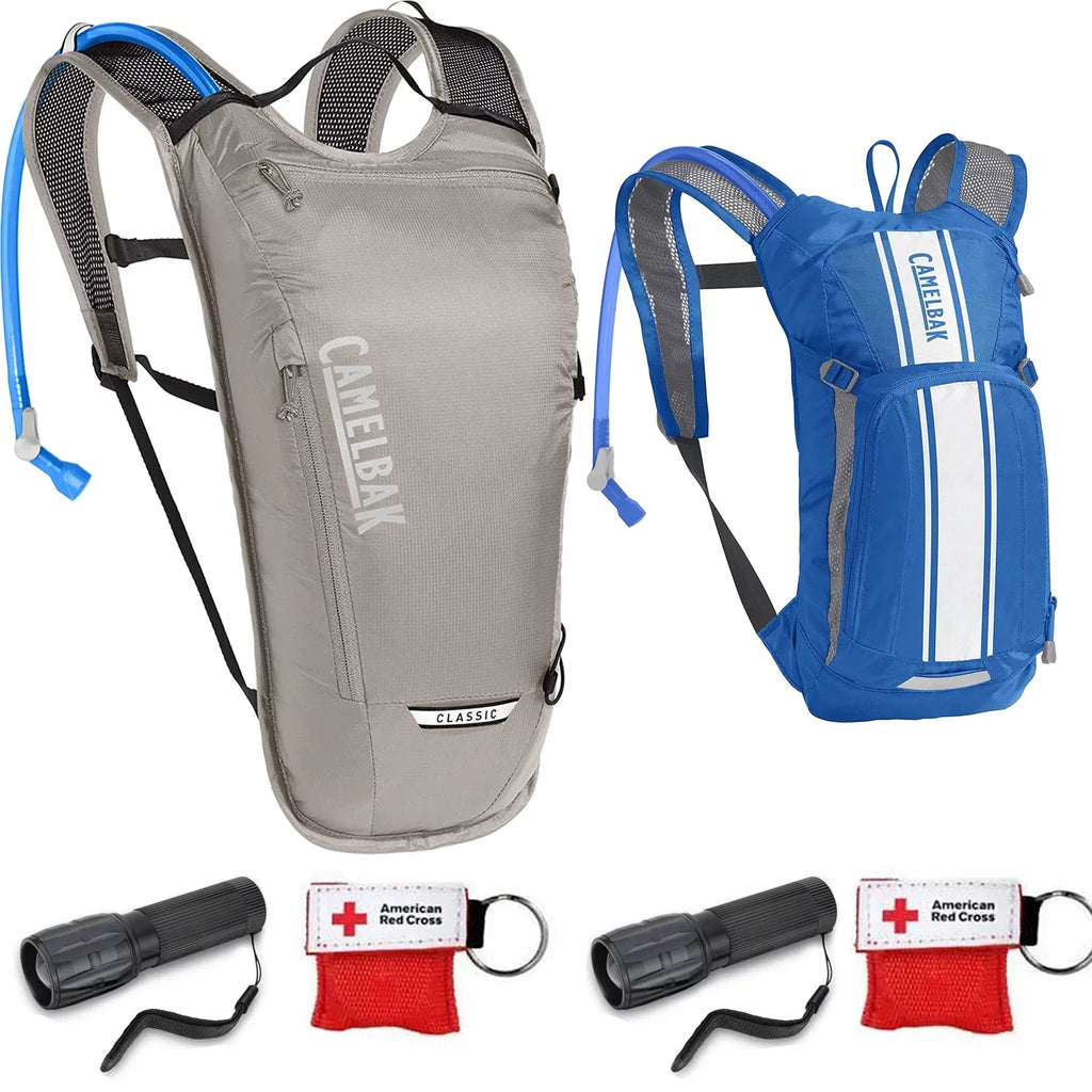 CamelBak Classic Light Bike Hydration Pack 70oz Aluminum/Black for Outdoor Lifestyle and CAMELBAK Mini M.U.L.E.( 50 oz Blue/Ivory Sizetripe) - Bundle Kit