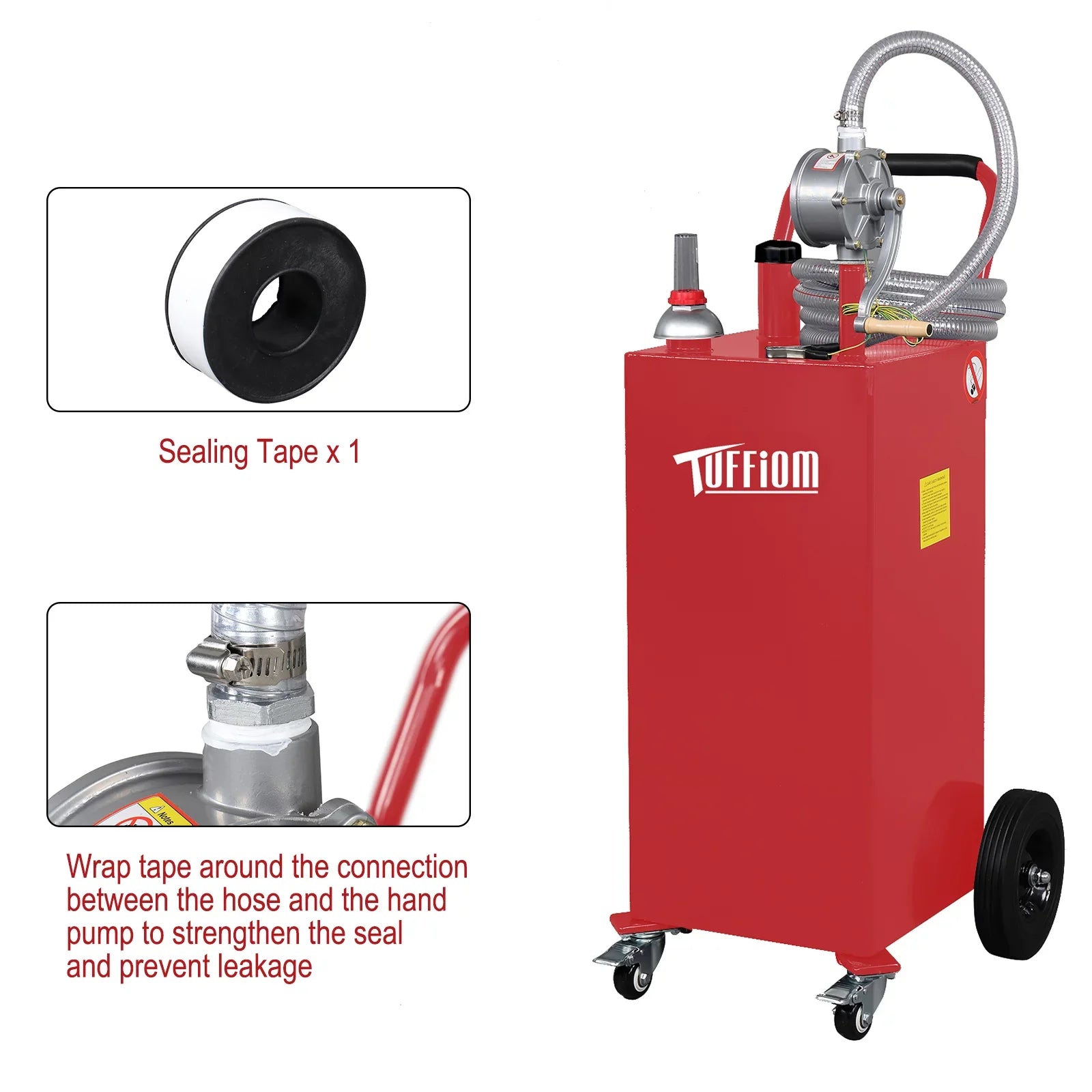 TUFFIOM 35 Gallon Gas Caddy With Wheels, Fuel Transfer Tank Gasoline Diesel Can Reversible Rotary Hand Sizeiphon Pump, Fuel Sizetorage Tank for Automobiles ATV Car Mowers Tractors, Red