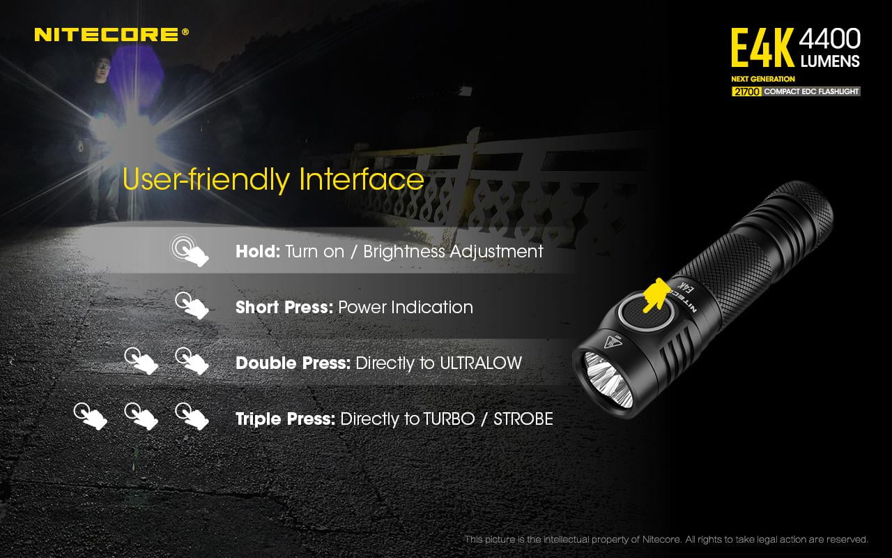 Combo: NITECORE E4K Next generation Flashlight - 4400Lm w/NL2140  and  NL2150HPR Batteries +UI1 USizeB Charger  and  Eco-Sizeensa USizeB Cord