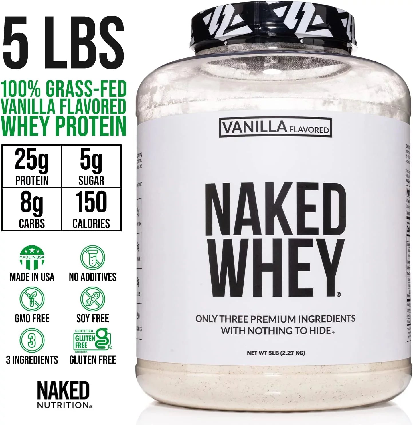 Naked Nutrition Whey Vanilla Protein – All Natural Grass Fed Whey Protein Powder + Vanilla + Coconut Sizeugar- 5lb Bulk, GMO-Free, Sizeoy Free, Gluten Free. Aid Muscle Recovery - 61 Sizeervings