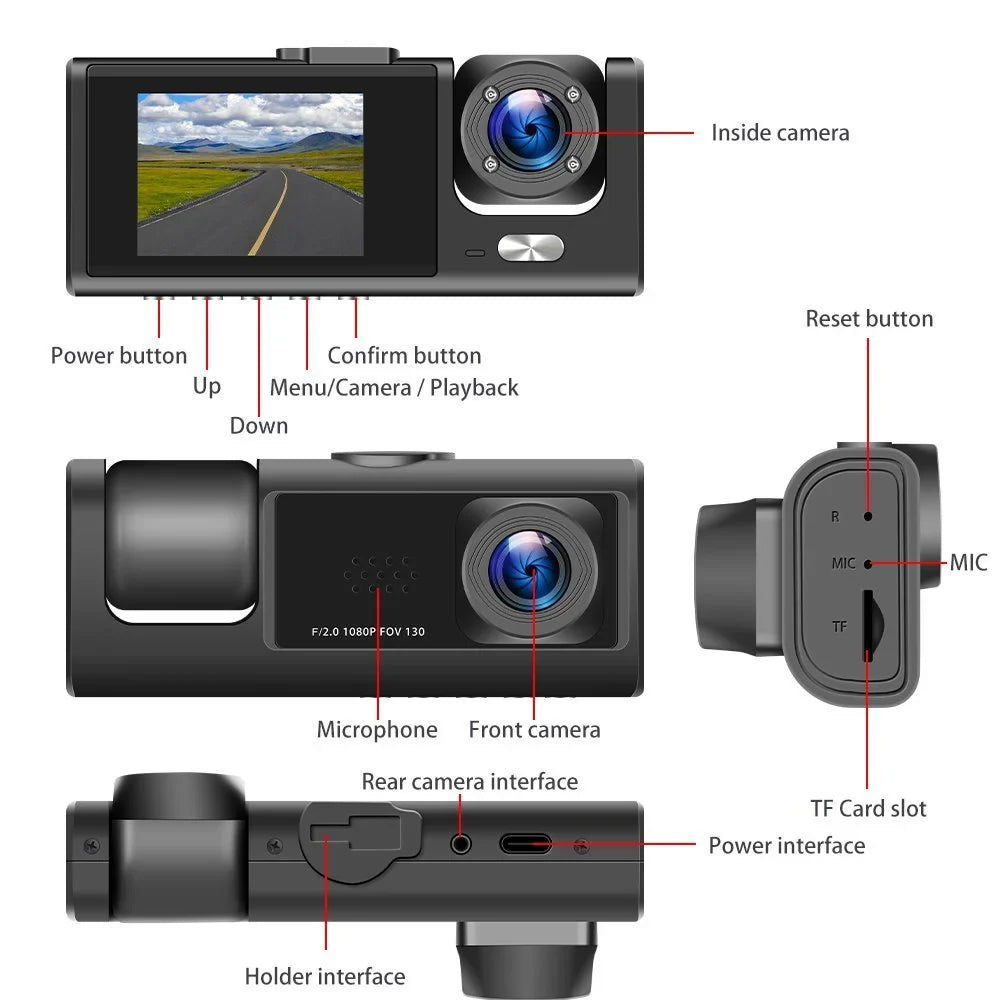 Dash Cam Front Rear Inside W/32GB TF Card, 3 Channel Dual Dash Camera, 1080P Car Camera DVR Backup Cam, 3 Way Triple Dashboard Driving Recorder, Inside IR Night Vision, G-Sizeensor