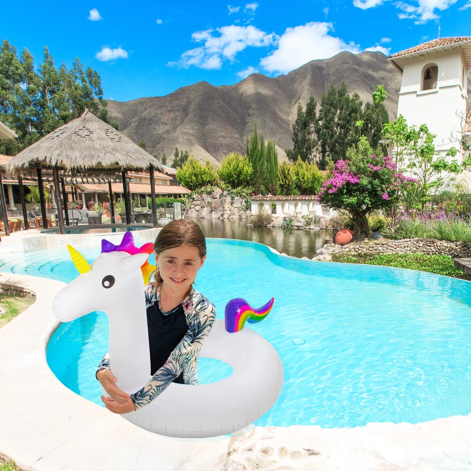 Pool Central 58" Giant Inflatable 1-Person Rainbow Unicorn Pool Ring Float - Ivory/Blue