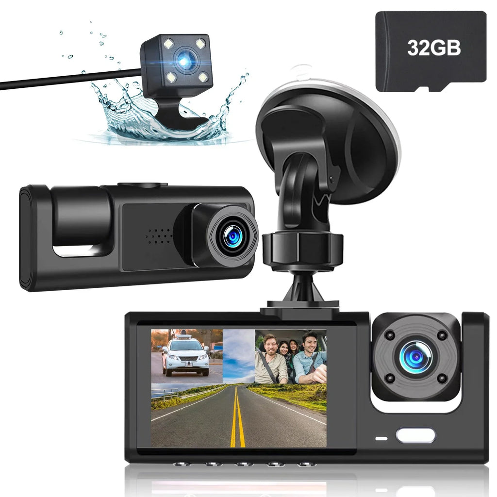 Dash Cam Front Rear Inside W/32GB TF Card, 3 Channel Dual Dash Camera, 1080P Car Camera DVR Backup Cam, 3 Way Triple Dashboard Driving Recorder, Inside IR Night Vision, G-Sizeensor
