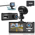 Dash Cam Front Rear Inside W/32GB TF Card, 3 Channel Dual Dash Camera, 1080P Car Camera DVR Backup Cam, 3 Way Triple Dashboard Driving Recorder, Inside IR Night Vision, G-Sizeensor