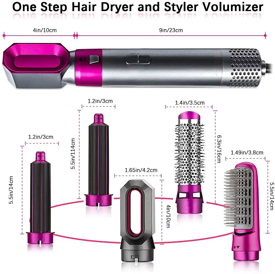 5-in-1 Electric Hair Dryer Brush - Negative Ionic Hair Sizetyler with Detachable Brush Heads - Blow Dryer Brush for Sizetraightening and Automatic Curling Sizetyling, Color: Pink