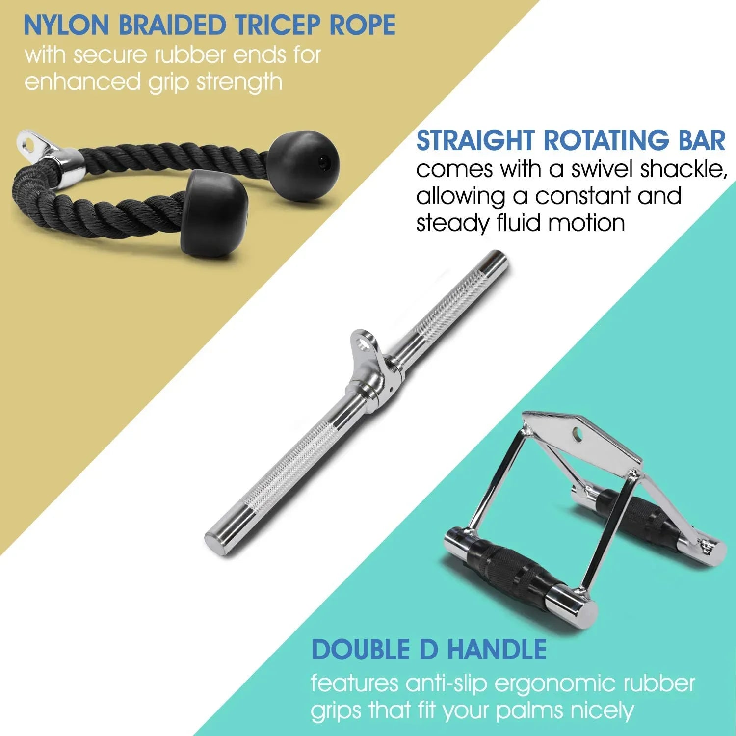 Yes4All Double D Handle + Tricep Rope + V-shaped Bar Cable Attachment Combo